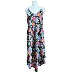 Nightgown Slip Dress Women L Black Floral Satin Midi Dark Romantic Vintage Moody